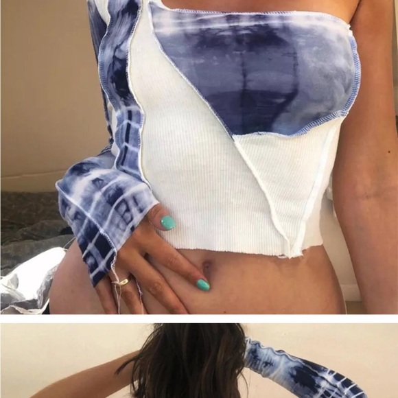 Cobalt Patchwork Shred One Sleeve Distressed Top - Picture 3 of 5